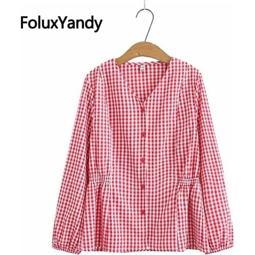 Elastic Waist Casual Shirt for Women V-neck Blouse Plus Size Plaid Long Sleeve Shirts Chemise 3 4 5 6 XL KKFY5542