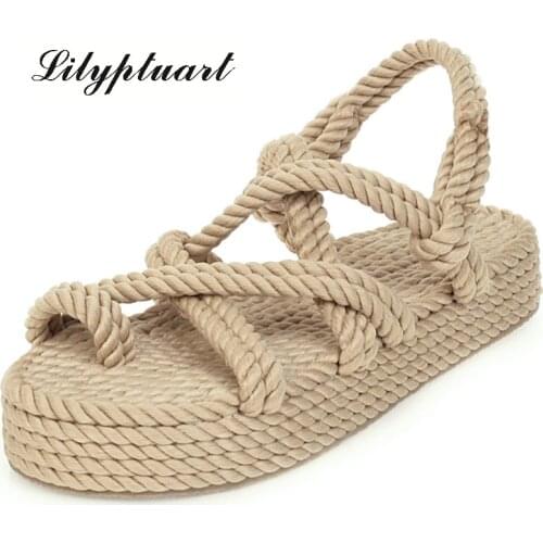 2020 Big Size 43 on Sale Top Quality Gladiator Hemp Flat Slip on Straw Summer Womens Sandals Shoes Woman Sandal Platform