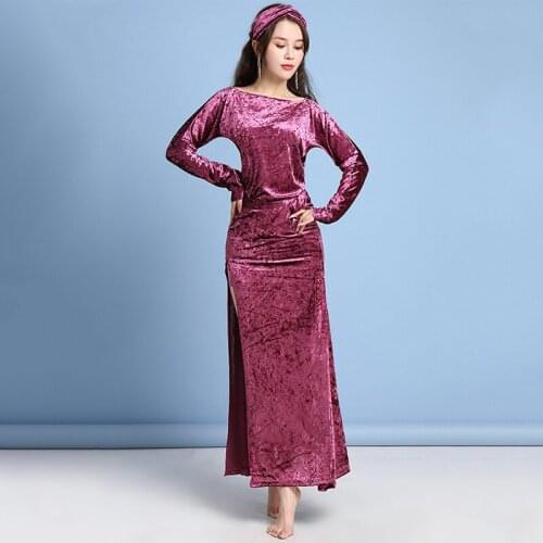 Winter Class Wear Women Belly Dance Outfit Velvet Stretchy Long Dress 3pcs Costume Set (Dress, Belt and Headband)
