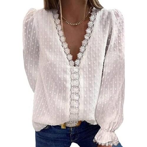 2021 Women Lace Deep V Neck Top White Jacquard Fashion Shirts Female Long Sleeve Chic Shirt Sexy Polka Dot Solid Blouses