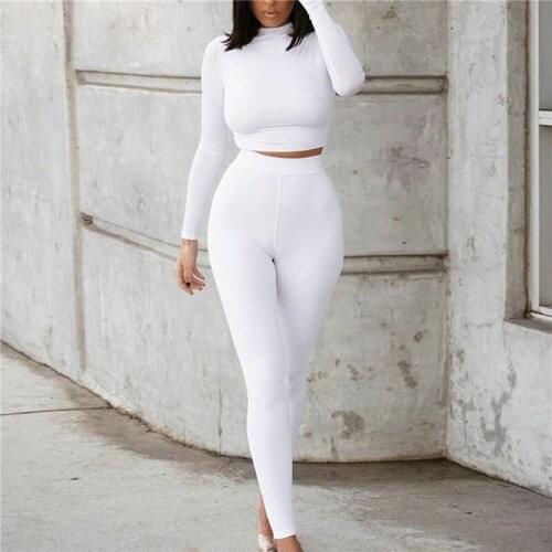 2021 New Women Fitness 2 Two Piece Set Autumn Casual Turtleneck Long Sleeve Crop Tops Slim Bodycon Pants Ladies Tracksuit Set