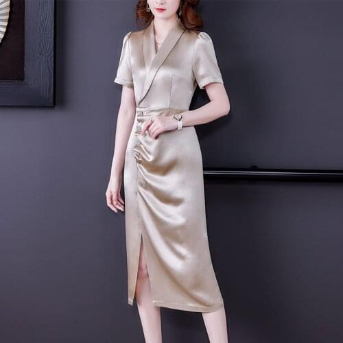 Acetate High-End Dress Women 2021 Summer New Slim V-Neck Short Sleeve Pleated Mid-Length One-Step Dress Split Blazer Robe zh1419