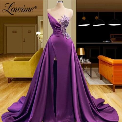 Lowime Purple Long Women Party Dress Arabic Formal Satin Applique Beading Prom Dresses Customized Plus Size Evening Gowns 2021