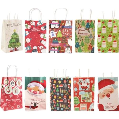 10PCS 2019 New Merry Christmas Gift Bag Cute Santa Paper Bags With Handles Christmas Party Gift Tote Bags Cookie Packaging Box
