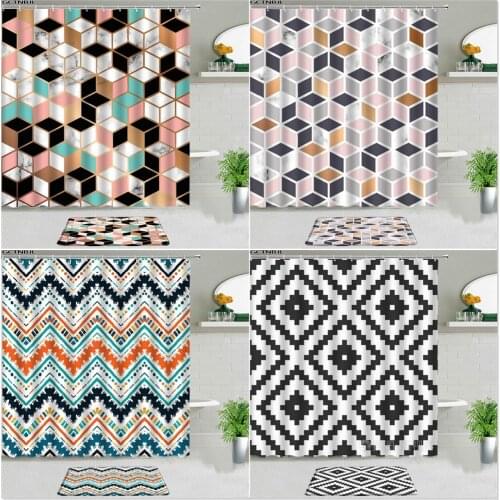 2pcs Geometry Pattern Shower Curtains Set Bath Mat Marble Black And White Stripes Rectangle Non-slip Floor Mats Bathroom Decor