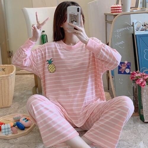 2020 Autumn Long Sleeve Casual Striped Cotton Pajama Sets Women Loose Sleepwear Suit Pyjamas Homewear Pijama Mujer Home Clothes