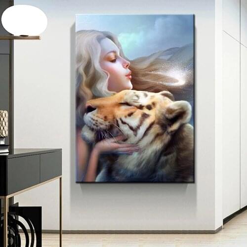 DIY Diamond Painting Cross stitch White dream tiger girl 5D Square/ Round Diamond Decoration Customizable Wall Art Decoration