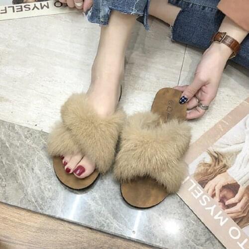 Hairy slippers womens outer wear 2020 new rabbit fur sandals autumn household rabbit fur cotton slippers autumn and winter