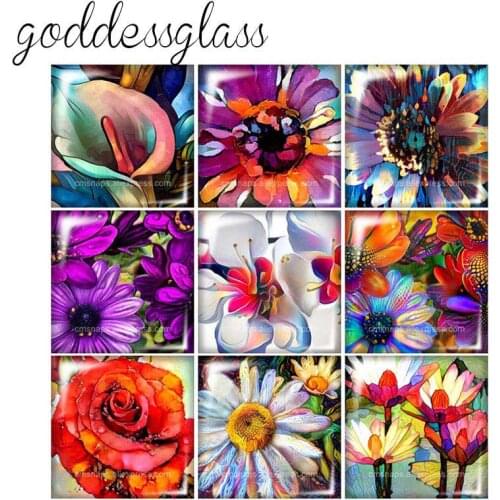 FB0316 Oil paintings Flowers daisy 10pcs mixed 12mm/20mm/25mm/30mm Square photo glass cabochon demo flat back Making findings