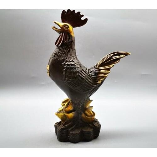 Chinese Pure Bronze Copper Gilding Zodiac Cock rooster FengShui Attract Wealth Statue
