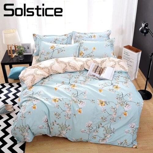 Solstice Home Textile King Queen Twin Bedding Suit Girl Teen Woman Bedclothes Set Blue Flower Duvet Cover Pillowcase Sheet Linen