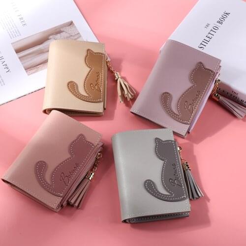 Key Card Coin Holders Pouch Cartoon Cat Mini Bifold Purse Lady Leather Coin Bag Cute Short Zip Tassel Wallet