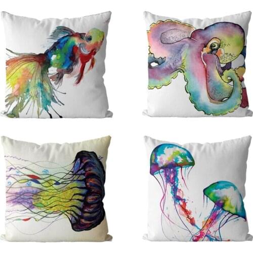 Jellyfish Pillow Cover Colors Art Ocean Animal Print Watercolor Style Pillow Top Creative Fish Octopus Cushion Cover Wholesale