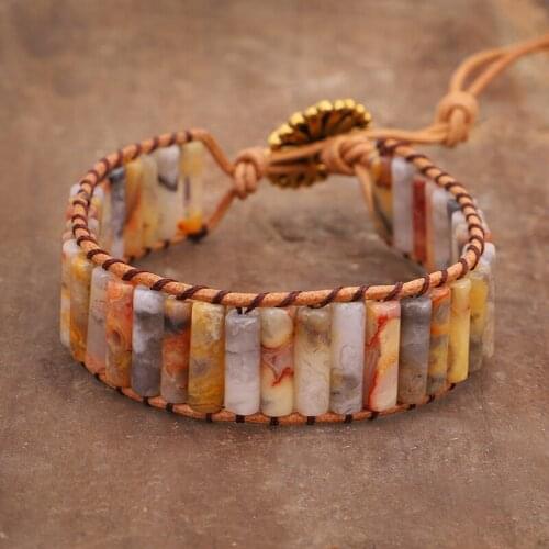 Natural Onyx Stone Bracelet Handmade Multi Color Chakra Bracelet Jewelry Tube Beads Leather Wrap Bracelet Lover Bracelet Jewelry