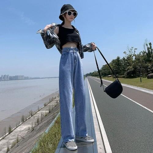 2021 New Classic Retro Blue High Waist Wide-leg Quality Loose Washed Denim Pants Female Cotton Fashion Casual Brand Trousers