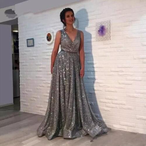 Charming Grey V-neck Sequined Evening Dresses Long Women Formal Dress Elegant Party Dresses With Sashes robe de soiree
