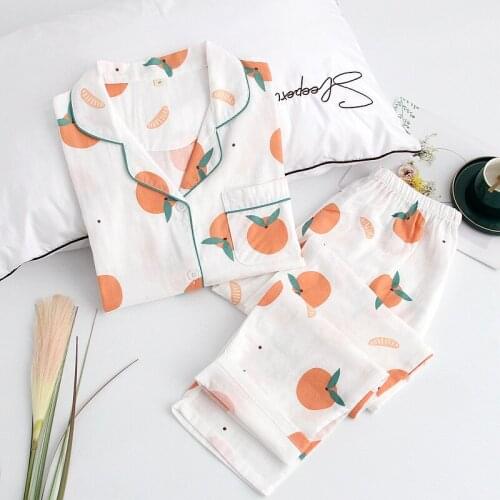 Autumn Double-layered Gauze Pajamas Cotton Cute Orange Long-sleeved Sleepwear Lapel Print Loungewear Two Piece Set Home Clothes