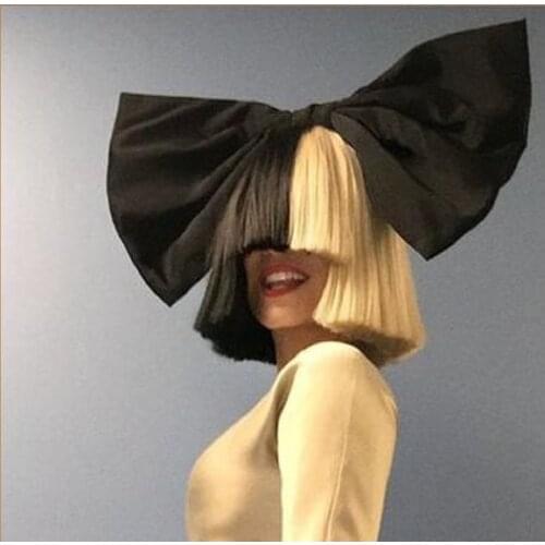 High Quality SIA Wig Half Black Half Blonde Bob Heat Resistant Synthetic Hair Cosplay Wigs + Wig Cap + Big Bowknots
