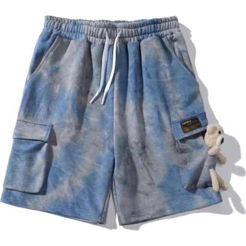 Harajuku Hip Hop Tie Dye Casual Couple Shorts Pants Elastic Waist Fashion Cute Bear Muppet decoration Knee Length Trousers Men