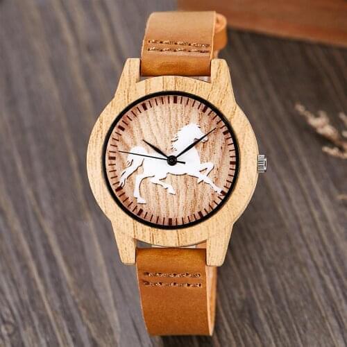 Creative Wood Watch Men Women Couple Quartz Imitation Bamboo Wooden Male Animal Horse Watch Watches Leather Wrist Clock Reloj