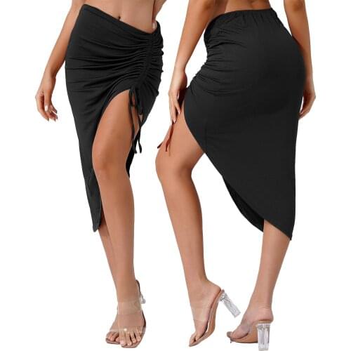 Women Sexy Skirt Stretchy Pencil Skirt High Waist Drawstring Ruched Side Split Hem Midi Skirt for Female Beach Club Party Skirt