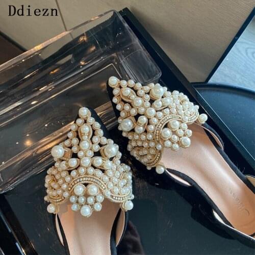 Plus Size 35- 43 Shoes Women Sandals Pointed Toe Flat Female Rhinestones Pearl Shallow Shoe 2021 New Lady Party Wedding Flats