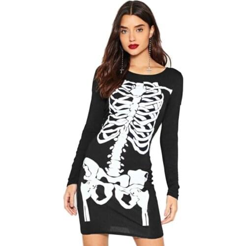 Womens Black Punk Skull Print O-Neck Long Sleeve Sexy Casual Skeleton Halloween Slim-fit Party Dress Punk Rave Dress