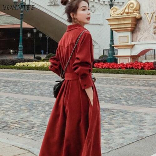 Dresses Women Long Sleeve empire Vestidos Turn-down Collar Fashion Elegant Drawstring French Autumn Abdomen Corduroy Ladies