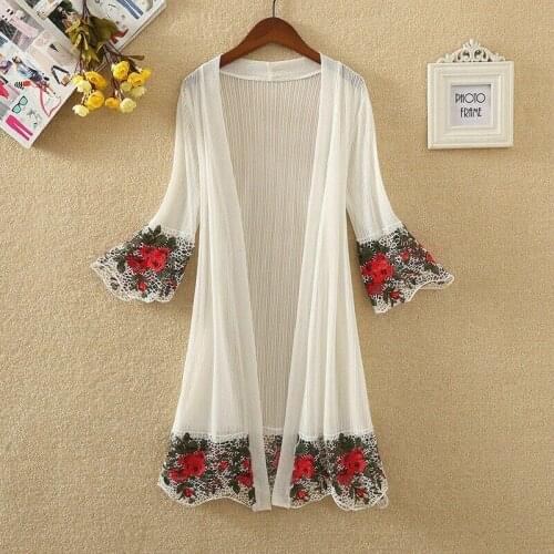 2021 New Ladies Lace Mesh Sheer Long Duster Coat Cardigans Flared 3/4 Sleeve Baggy Summer