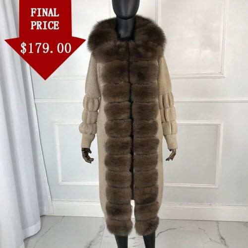 105 cm Long Coat Sweater Female Knitted Cardigan Women Casual Outwear With Real Fox Fur Collar