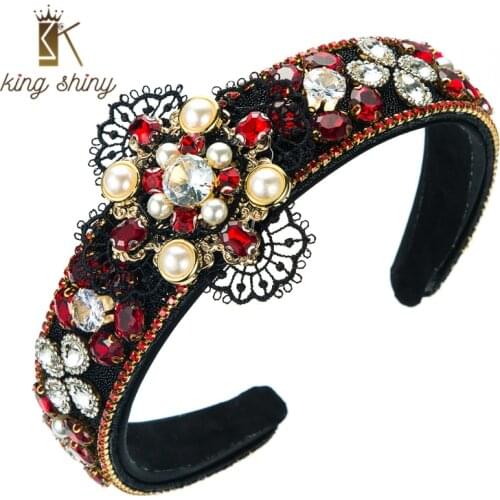 King Shiny Luxury Baroque Lace Flower Headband for Woman Vintage Multi Color Crystal Beaded Hairband Girls Party Jewelry Crowns
