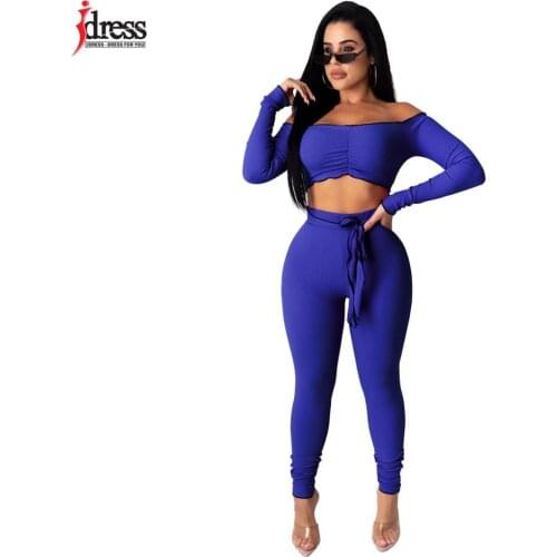 IDress 2020 Women Tracksuits Two Piece Set Women Pants Outfits Bodycon Sexy Slash Neck Long Sleeve Crop Top Wholesale Clothing