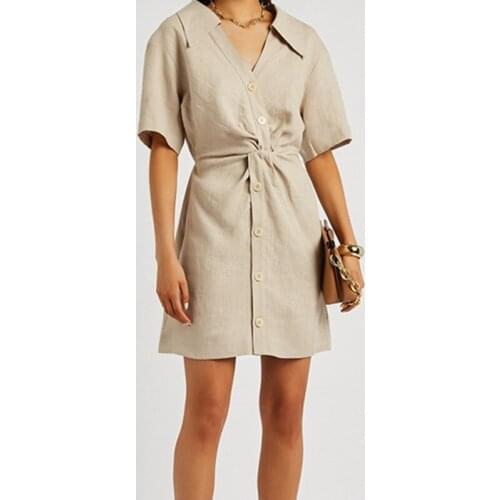 2021 Summer Womens Twisted Shirt Dress Linen V-neck Single Breasted Short Sleeve High Waist Office Ladies Mini Robe
