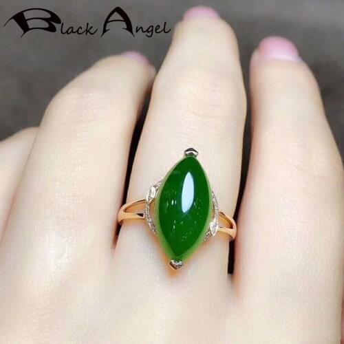 BLACK ANGEL New 24K Gold Gemstone Green Chalcedony Olives Shaped Adjustable Ring For Women Fashion Jewelry Christmas Gift