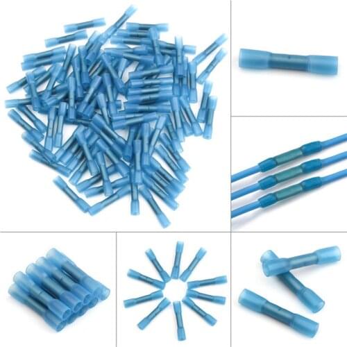 100PCS Blue Heat Shrink Crimp Connector Splice Electrical Wire Terminals Insulated Shrinkable Butt Connectors AWG 22-10