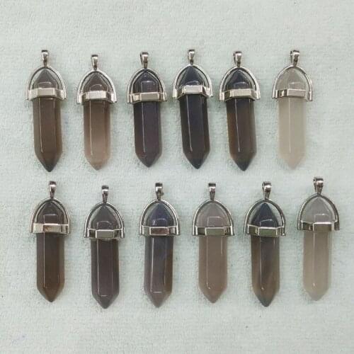 2016 high quality natural gray onyx bullet shape charms point Chakra pendants fit necklace making 12pcs/lot Wholesale free