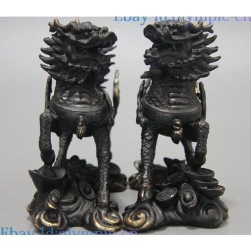 5" Fine Bronze sculpture China Sycee Feng Shui Foo Dogs Lion Kylin pair Statue