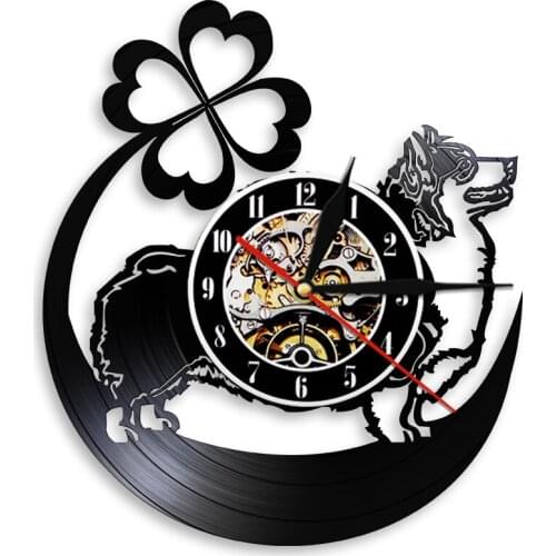 Cardigan Welsh Corgi Dog Silhouette Shadow Wall Clock Dog Animal Vinyl Record Clock Modern Design For Living Room Decor