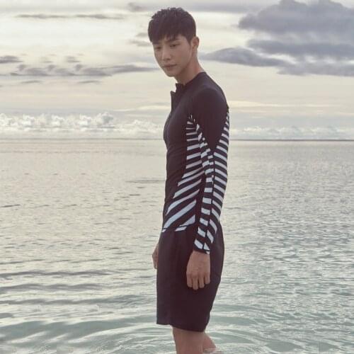 Mens Rash Guard Set of 2 piece Swimsuit Sun Protection Swimwear Long Sleeve Zip Shirt & Trunks Beach Suits Adult Youth