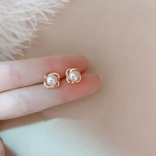 Small Round Pearl Stud Earrings Female Luxury Crystal Stone Wedding Earrings 100% Real 925 Sterling Silver Earrings For Women