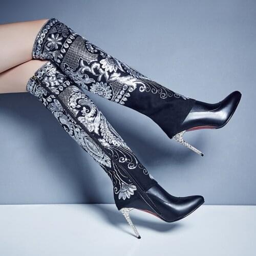 Fashion Folk Totem Embrodiery Thigh Boots Cow Leather Plated Thin High Heels Over The Knee Boots Women Pointed Toe Winter Boots