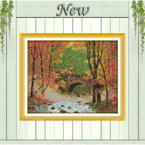 The bridge river of autumn forest Scenery,Counted print on canvas DMC 14CT 11CT NKF Cross Stitch Needlework kits Embroidery Sets