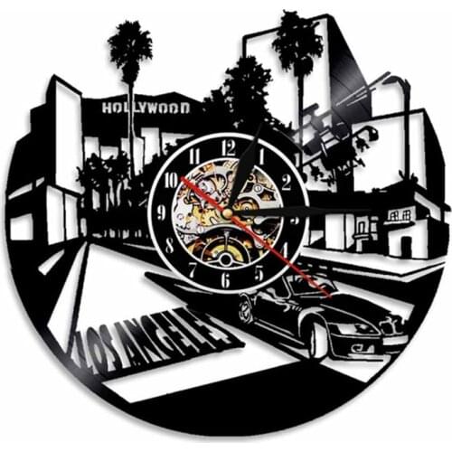 Los Angeles Cityscape Wall Clock With LED Backlight City Of California LA Skyline Vinyl LP Wall Watch Silent Wall Hanging Decor