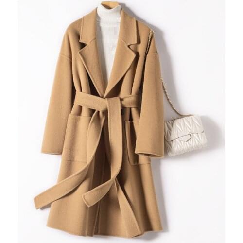 Double sided wool tweed coat womens autumn and winter suit collar waist closed solid color coat new Korean wool tweed coat