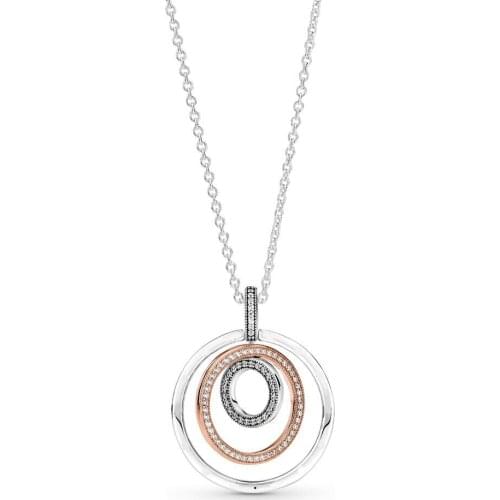 Real 925 Sterling Silver Sparkling Logo Two-tone Circles Fashion Pendant Necklace Fit Pandora Women Bead Charm Gift DIY Jewelry