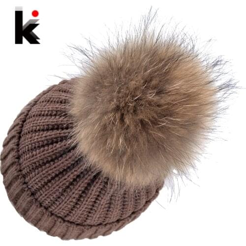 Autumn Winter Beanie Hat Knitted Wool Beanies Cap With Raccoon Fox Fur Pompom Skullies Caps Ladies Knit Winter Hats For Women