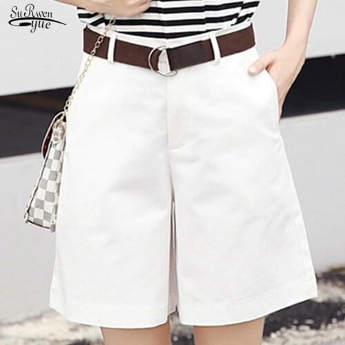 2021 Comfort Casual Summer Loose Wide Leg Short Femme Korean Fashion Shorts Women Belt Green White High Waist Shorts Female 9648