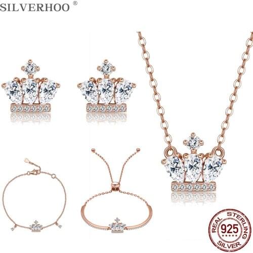 SILVERHOO Crown Jewelry Set For Women 925 Sterling Silver Earrings Necklace Bracelet CZ Sets Luxury Crowne Hot Sale Wedding Gift