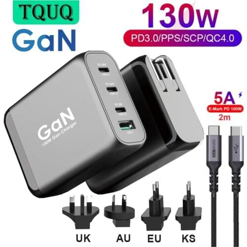TQUQ 130W GaN Multiport Charger, USB-C PD 100W PPS 65W 45W QC3.0/SCP Type C Laptop Power Adapter for MacBook Xiaomi Samsung