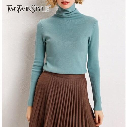 TWOTWINSTYLE Black Pullovers For Women Turtleneck Long Sleeve Solid Minimalist Slim Knitwear Female Fashion New Tide 2020 Fall